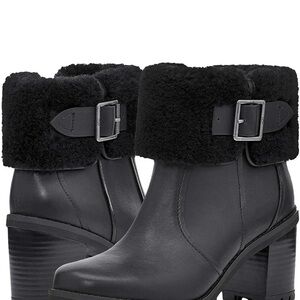 ❄️ Ugg Sz7 Elisiana Genuine Black Leather Ankle Boots with Wool Shearling